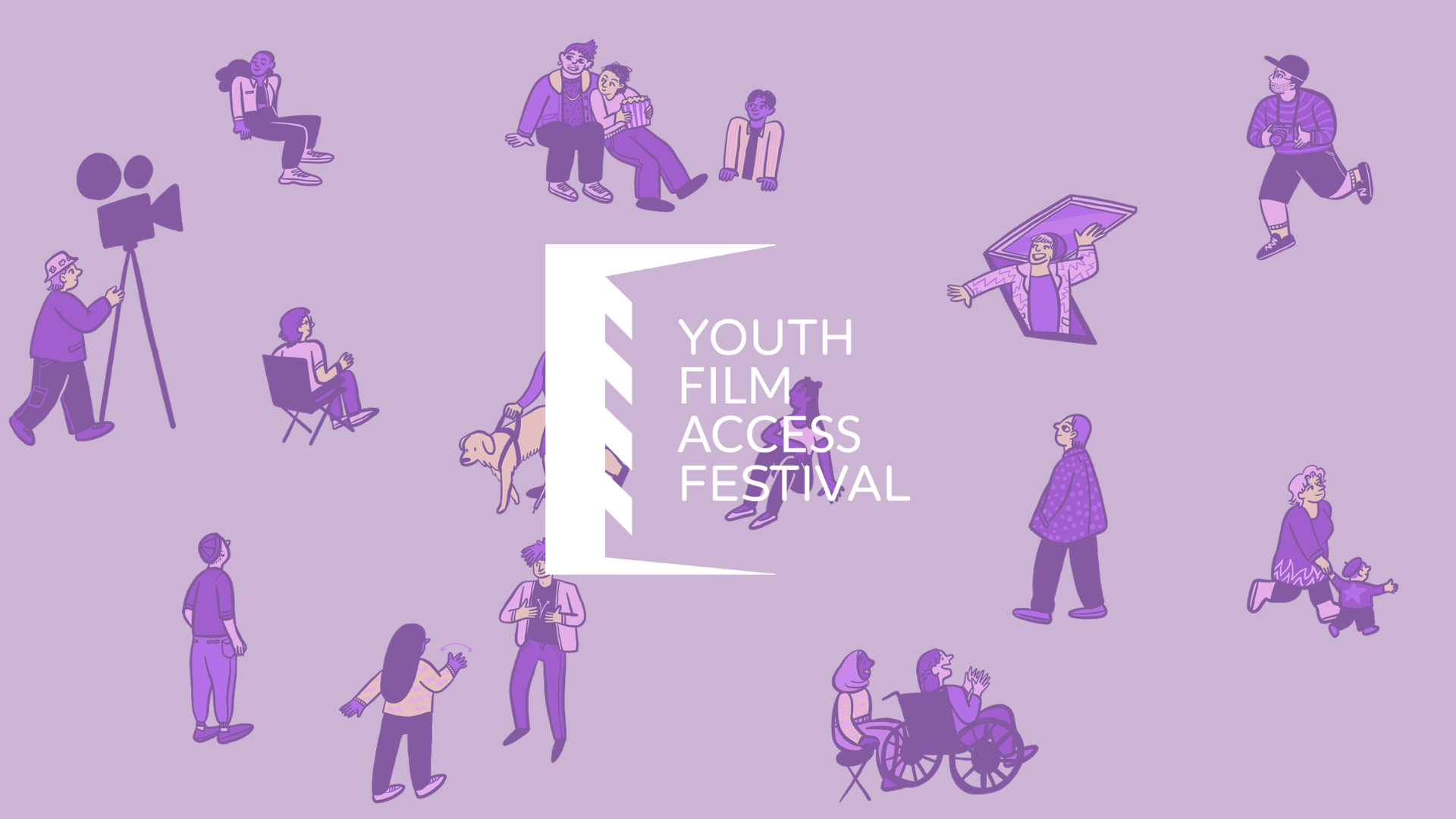 Lilac background with various diverse animated characters drawn in dark purple scattered around the frame. In the centre is the Youth Film Access Festival Logo in white